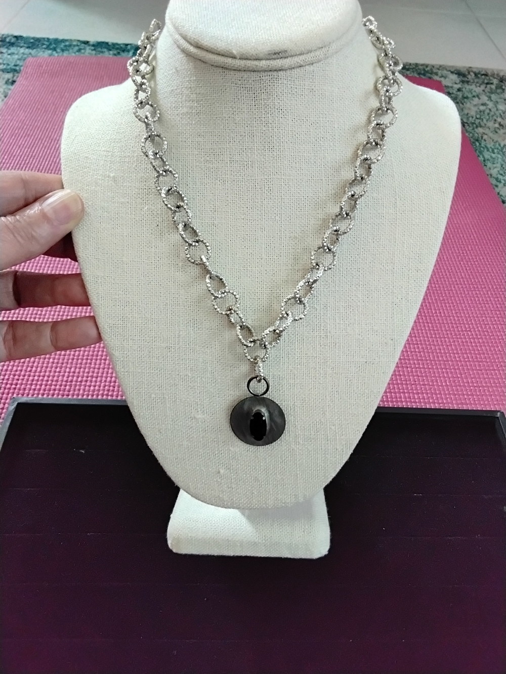 Silver Link Chain Necklace with Black Round Pendant - Women Jewelry
